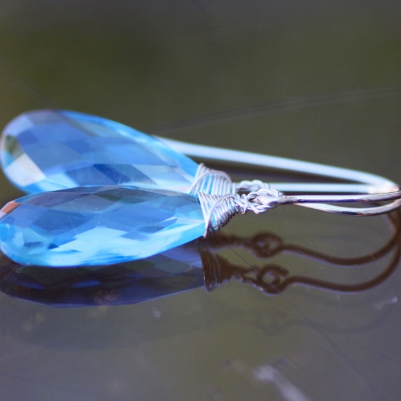 Wire Wrapped Swiss Blue Topaz Earrings Sterling Silver , December Birthstone - Picture 5 of 8